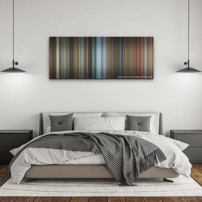 Black Widow color palette canvas above a bed, between two black pendant lamps