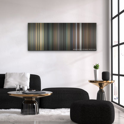 Everything Everywhere All at Once color palette canvas above a black sofa with a gold-topped table