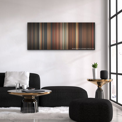 Terrifier 3 color palette canvas above a black sofa with a gold-topped table