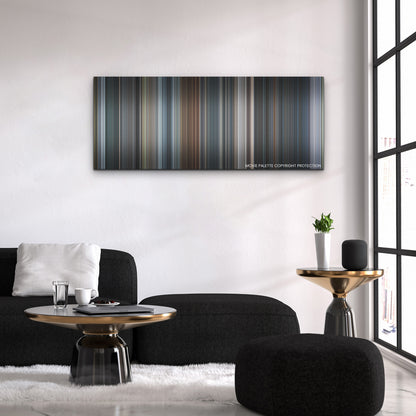 Army of Thieves color palette canvas above a black sofa with a gold-topped table