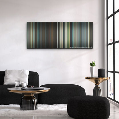 Transformers: Rise of the Beasts color palette canvas above a black sofa with a gold-topped table