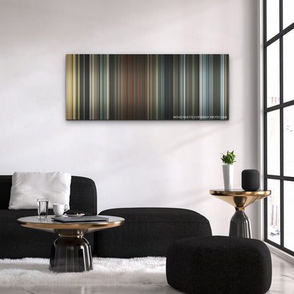 The King's Man color palette canvas above a black sofa with a gold-topped table