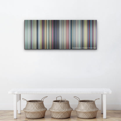 Suzume color palette canvas above a white bench with three woven baskets