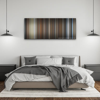 The Hand of God color palette canvas above a bed, between two black pendant lamps