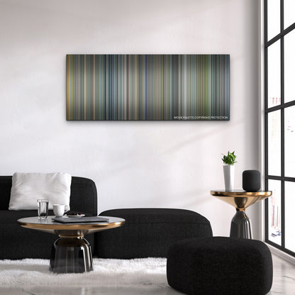 Ambulance color palette canvas above a black sofa with a gold-topped table