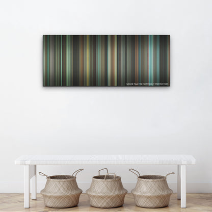 The Many Saints of Newark color palette canvas above a white bench with three woven baskets