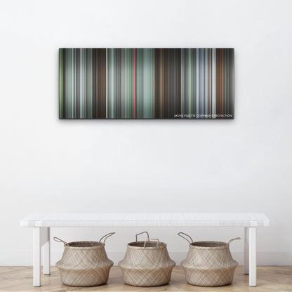 The Zone of Interest color palette canvas above a white bench with three woven baskets