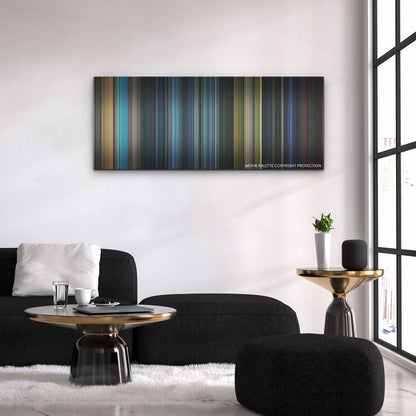 Morbius color palette canvas above a black sofa with a gold-topped table