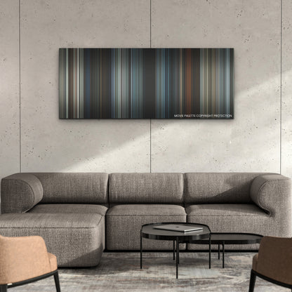 A Quiet Place: Day One color palette canvas on a concrete wall above a gray sectional sofa