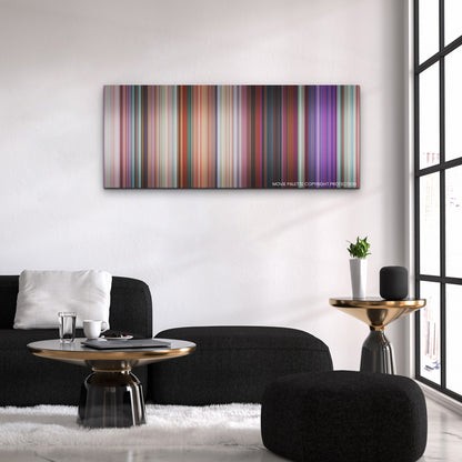 Turning Red color palette canvas above a black sofa with a gold-topped table