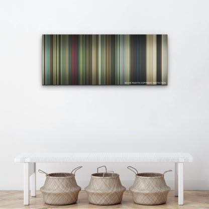 Dog color palette canvas above a white bench with three woven baskets