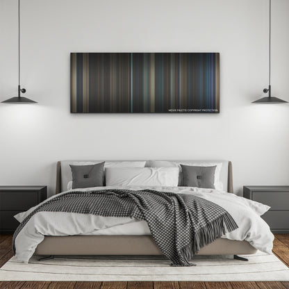 Haunted Mansion color palette canvas above a bed, between two black pendant lamps
