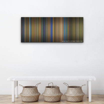 Spiral color palette canvas above a white bench with three woven baskets