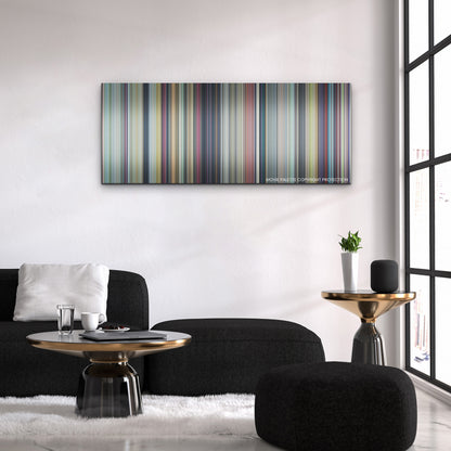 Suzume color palette canvas above a black sofa with a gold-topped table