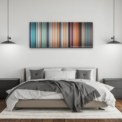 Luca color palette canvas above a bed, between two black pendant lamps