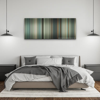 Twisters color palette canvas above a bed, between two black pendant lamps