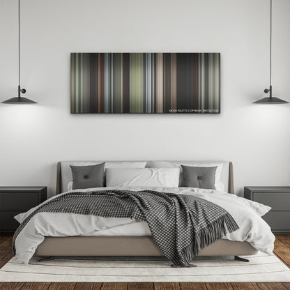 Kingdom of the Planet of the Apes color palette canvas above a bed, between two black pendant lamps