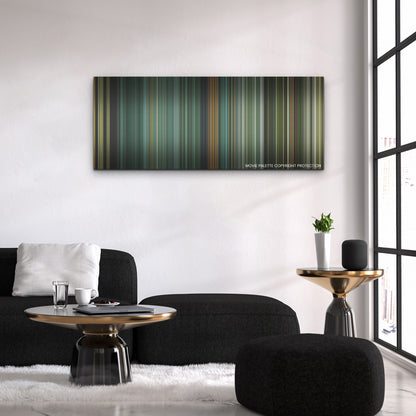 Land of Bad color palette canvas above a black sofa with a gold-topped table