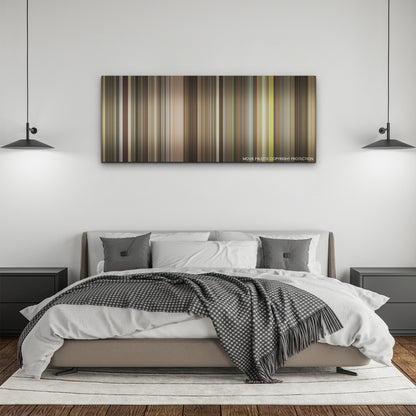 The Burial color palette canvas above a bed, between two black pendant lamps