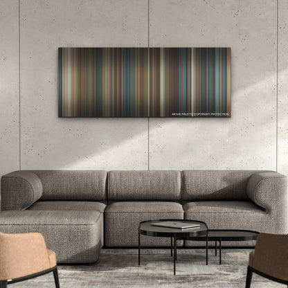 Ghostbusters: Frozen Empire color palette canvas on a concrete wall above a gray sectional sofa