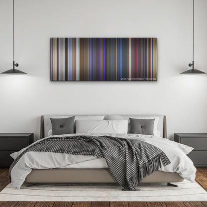 Blue Beetle color palette canvas above a bed, between two black pendant lamps