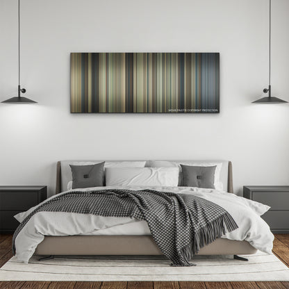 King Richard color palette canvas above a bed, between two black pendant lamps