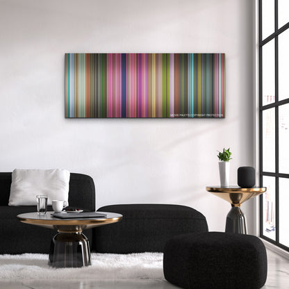 Strange World color palette canvas above a black sofa with a gold-topped table