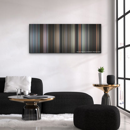 Smile color palette canvas above a black sofa with a gold-topped table