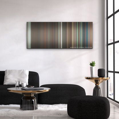 Nefarious color palette canvas above a black sofa with a gold-topped table