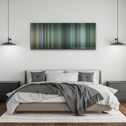 Arthur the King color palette canvas above a bed, between two black pendant lamps