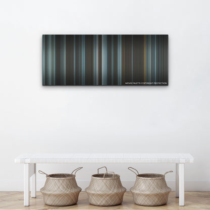The Pale Blue Eye color palette canvas above a white bench with three woven baskets
