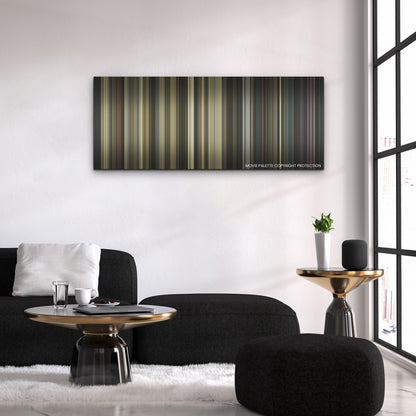 Ghostbusters: Afterlife color palette canvas above a black sofa with a gold-topped table