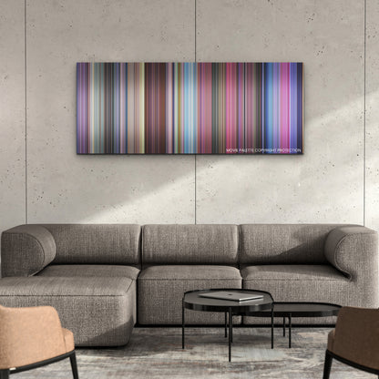 Puss in Boots: The Last Wish color palette canvas on a concrete wall above a gray sectional sofa