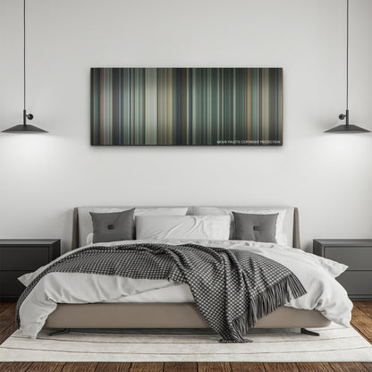 Army of the Dead color palette canvas above a bed, between two black pendant lamps