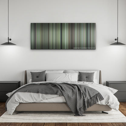 Chaos Walking color palette canvas above a bed, between two black pendant lamps