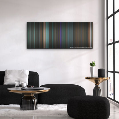 Venom: Let There Be Carnage color palette canvas above a black sofa with a gold-topped table