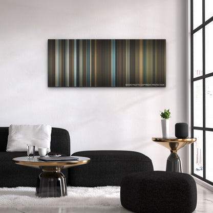 Watcher color palette canvas above a black sofa with a gold-topped table