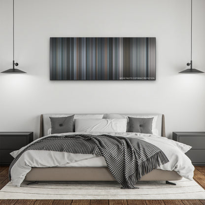 The Good Nurse color palette canvas above a bed, between two black pendant lamps