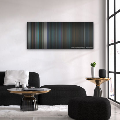 Kate color palette canvas above a black sofa with a gold-topped table