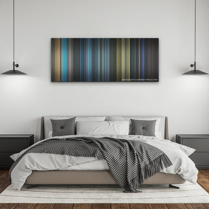 Morbius color palette canvas above a bed, between two black pendant lamps