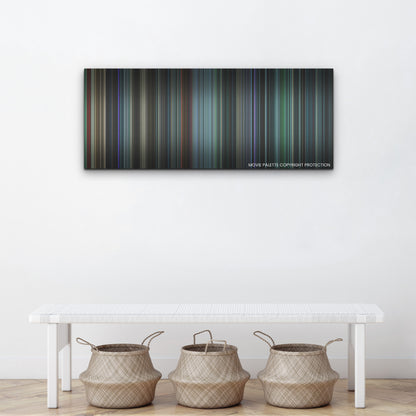 Malignant color palette canvas above a white bench with three woven baskets