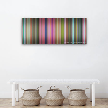 Strange World color palette canvas above a white bench with three woven baskets