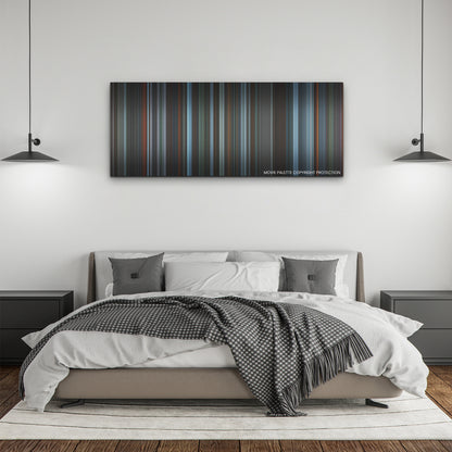 The Wonder color palette canvas above a bed, between two black pendant lamps