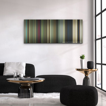 Dog color palette canvas above a black sofa with a gold-topped table