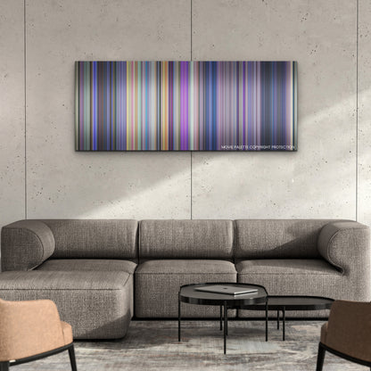 Space Jam: A New Legacy color palette canvas on a concrete wall above a gray sectional sofa