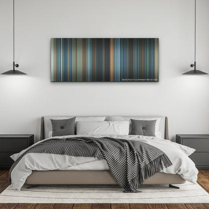 Troll color palette canvas above a bed, between two black pendant lamps