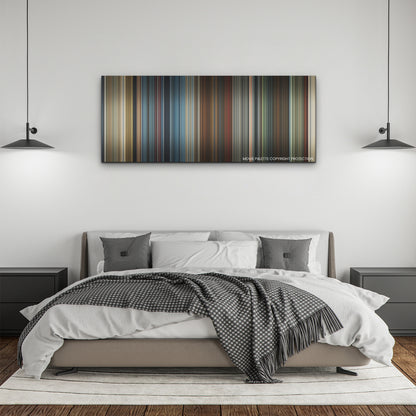 Red Notice color palette canvas above a bed, between two black pendant lamps