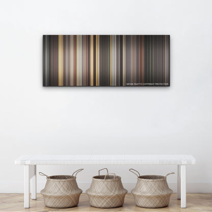 Death on the Nile color palette canvas above a white bench with three woven baskets