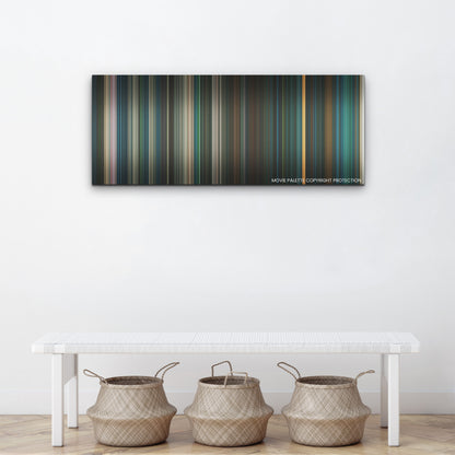 Beetlejuice Beetlejuice color palette canvas above a white bench with three woven baskets