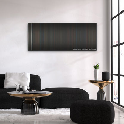 Evil Dead Rise color palette canvas above a black sofa with a gold-topped table